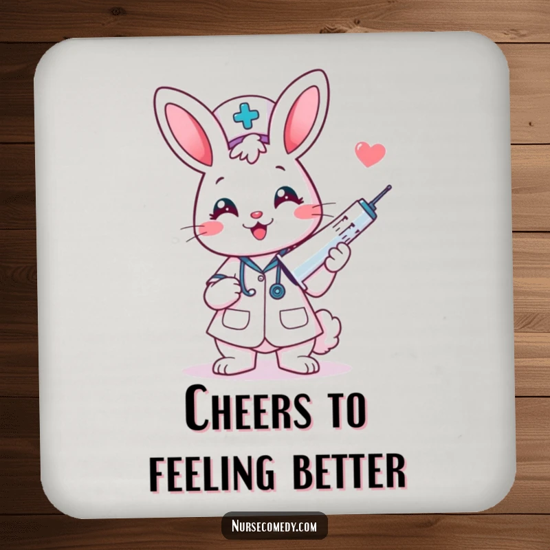 Funny kawaii bunny nurse with a giant syringe on a coaster, offering humorous surface protection.