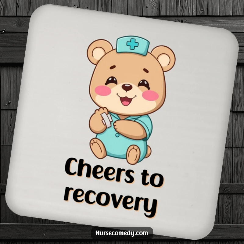 Funny bear nurse coasters, happy character humorously bandaging a small paw with a big smile, protect surfaces humorously, funny gift.