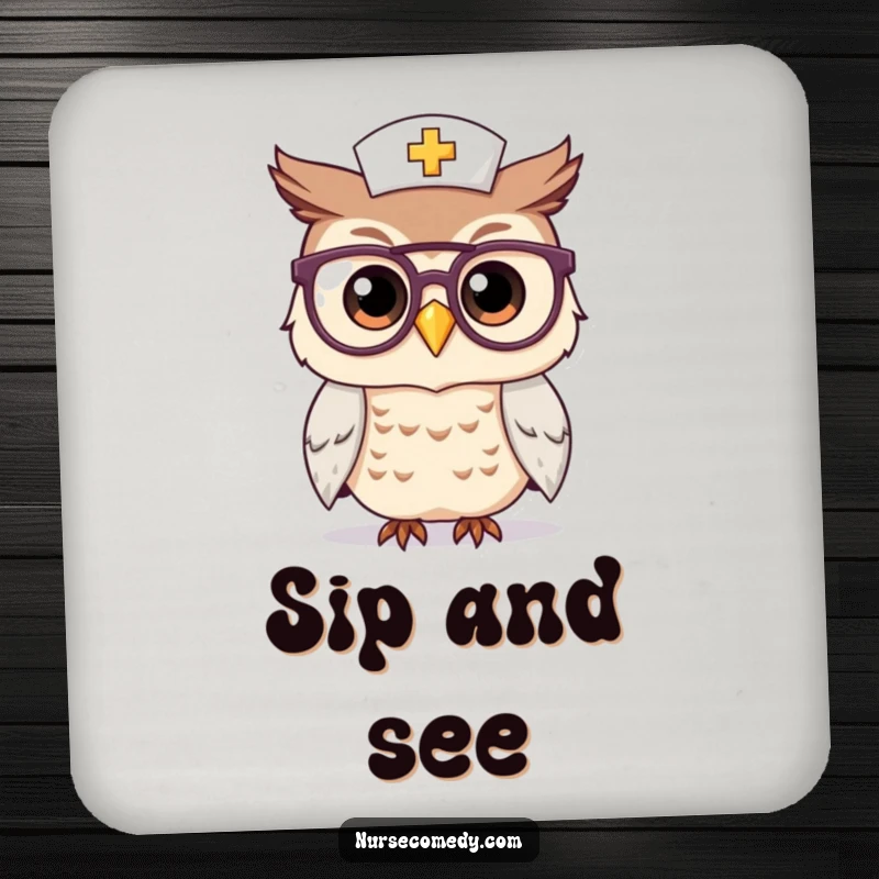 Funny Kawaii Owl Nurse Drink Coaster: A cute owl nurse character peers through glasses, providing stylish and wise protection for drink surfaces.