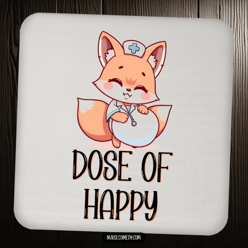 Funny Kawaii fox nurse hiding behind a giant pill on a round drink coaster, protecting furniture.
