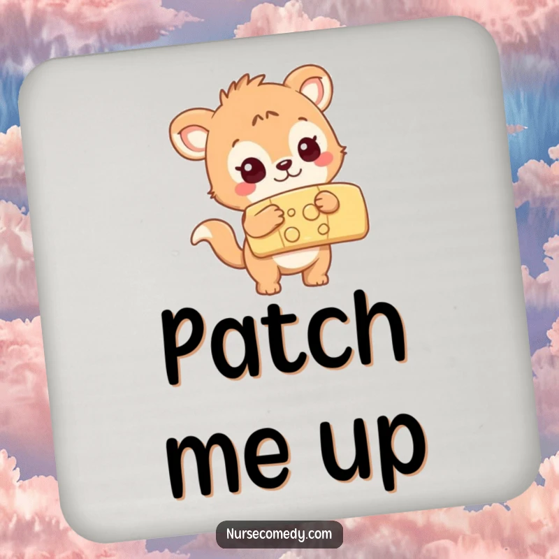 Funny curious animal character examining a large colorful bandage, protective drink coaster, adds charm to tables.