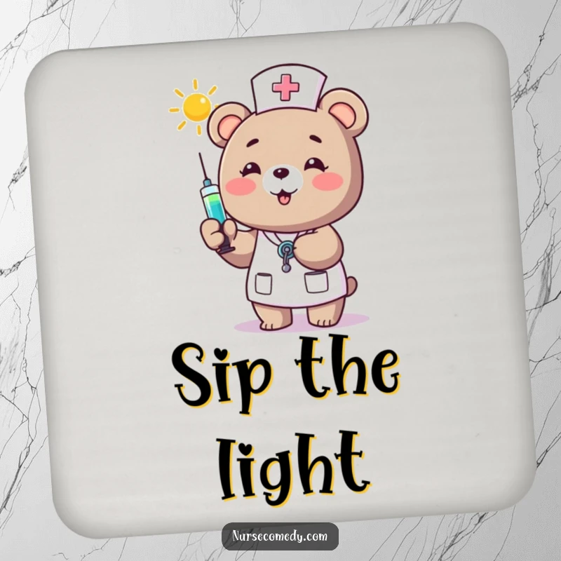 Funny Bear Nurse Coaster: A happy bear nurse offers a syringe of sunshine, adding a humorous and practical element to protect your surfaces.