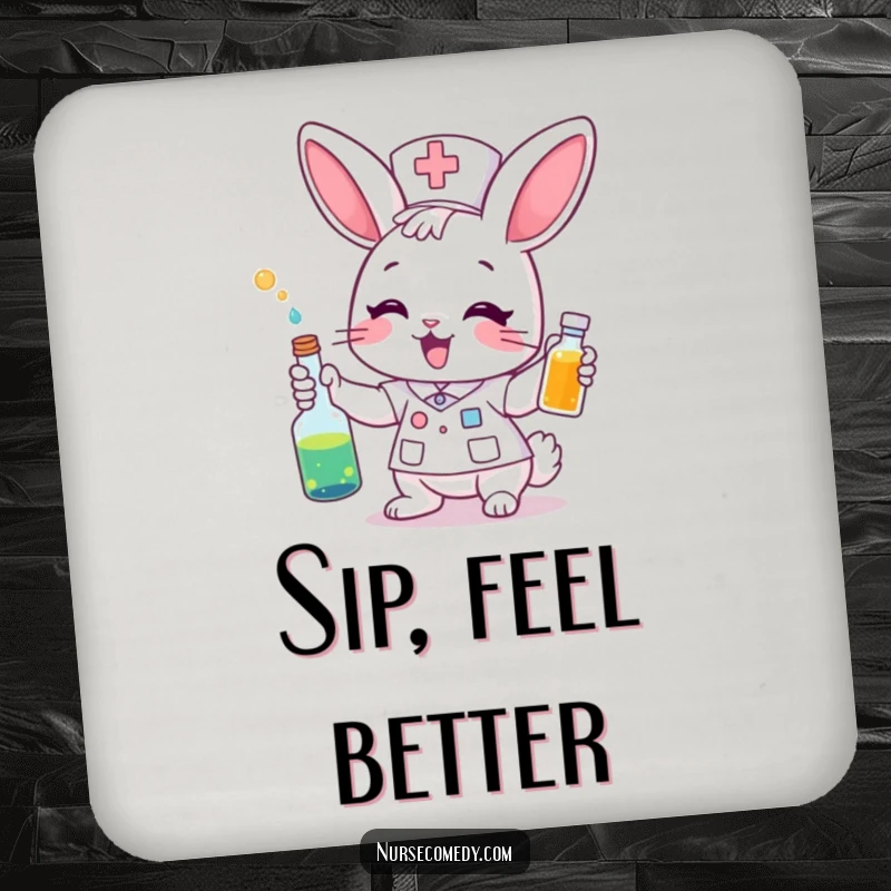 Funny Drink Coaster: A bunny nurse administers a colorful potion. Protects surfaces with magical humor.