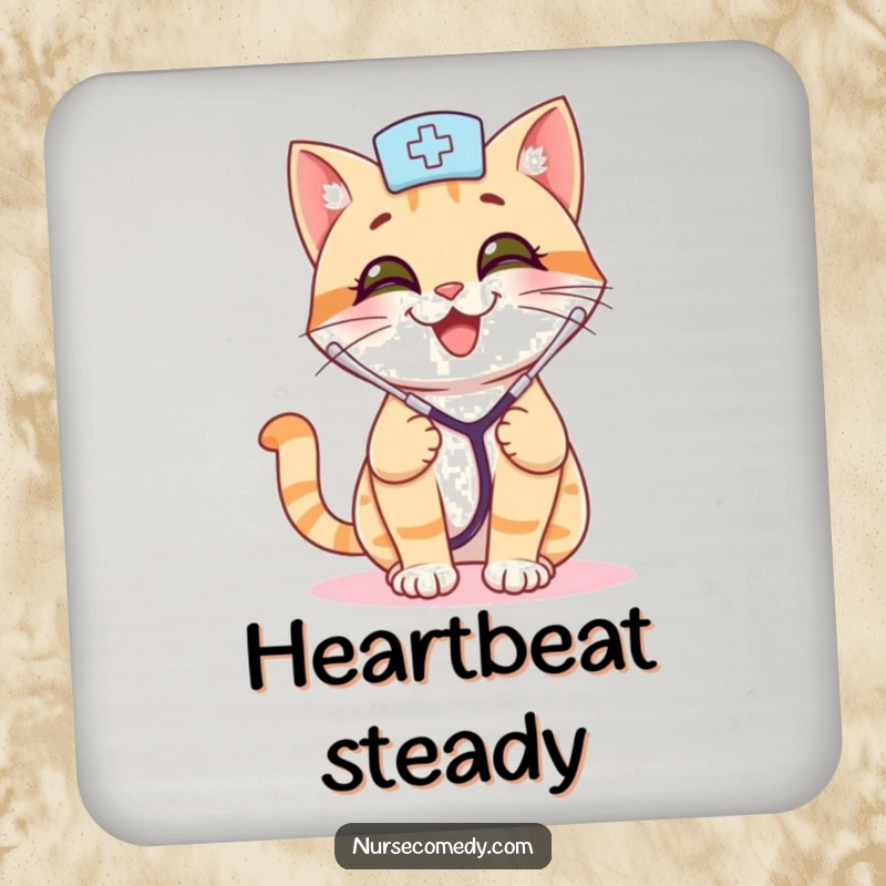 Funny cat nurse drink coasters with a smiling cat, stethoscope, and playful bounce, adding a humorous and protective touch.