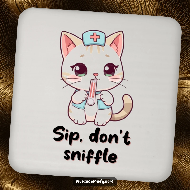 Funny cat nurse drink coasters with a curious cat design, protecting surfaces with humor and style, a perfect funny gift.