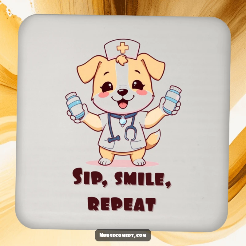 Funny drink coaster with a kawaii dog nurse character in the act of juggling medicine bottles, bringing a humorous vibe to beverage service.