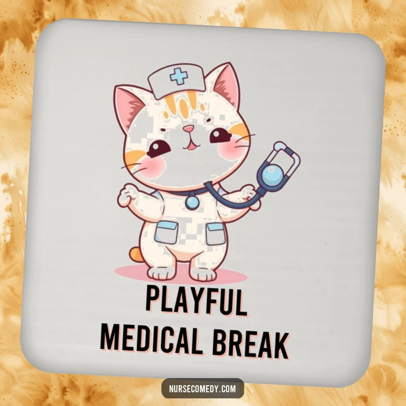 Funny kawaii cat nurse coaster bouncing a stethoscope like a toy, adding playful charm to your drink setup.