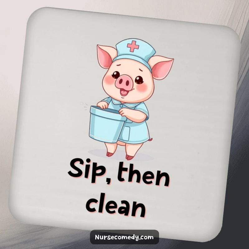 Funny coaster set with a pig nurse character holding a tiny bedpan and waving, adding humor.