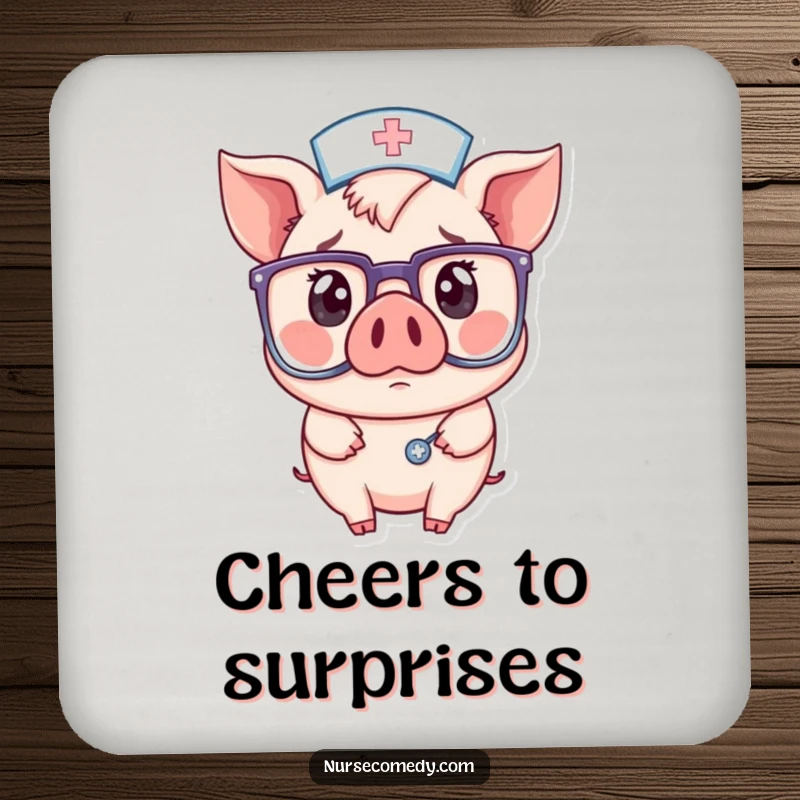 Funny drink coaster showing a kawaii pig nurse with a surprised expression, her oversized glasses adding a comical element to the design.