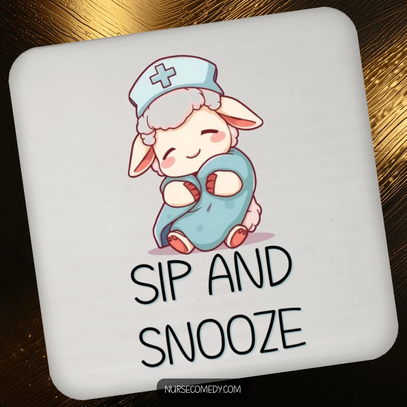 Funny sheep nurse character on drink coasters, nightcap, comfort blanket, protecting surfaces with cute and humorous design.
