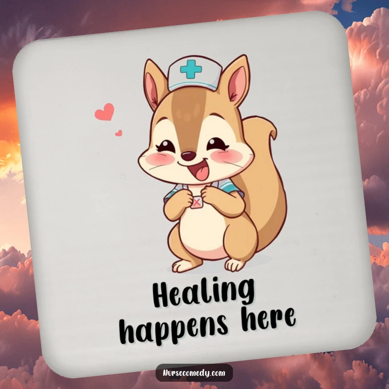 Funny squirrel nurse character humorously bandaging a tiny boo-boo on a coaster.