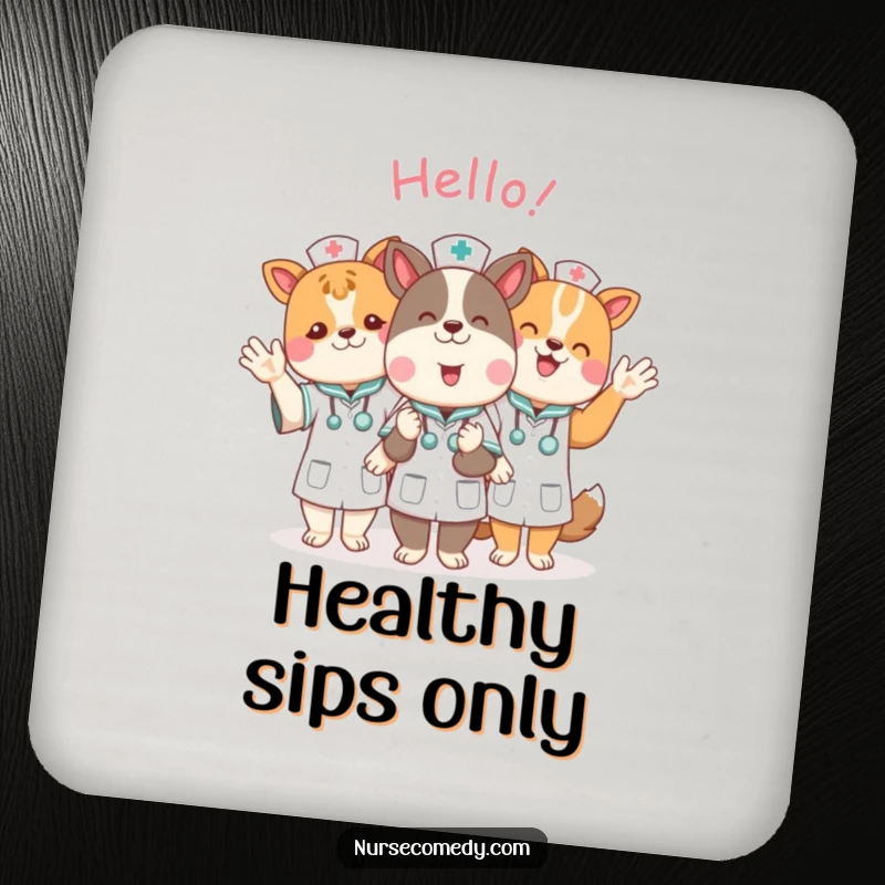 Funny animal nurse characters waving hello on durable drink coasters, adding a cute and humorous touch.