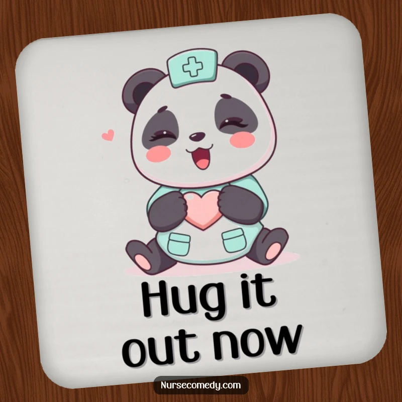 Funny Kawaii Panda Nurse Coaster, cute cartoon character offering a hug, heart symbol, protects surfaces with charm and cuteness.