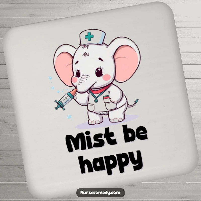 Funny elephant nurse character on drink coasters, spraying water from a syringe, protecting surfaces with cute and humorous design.