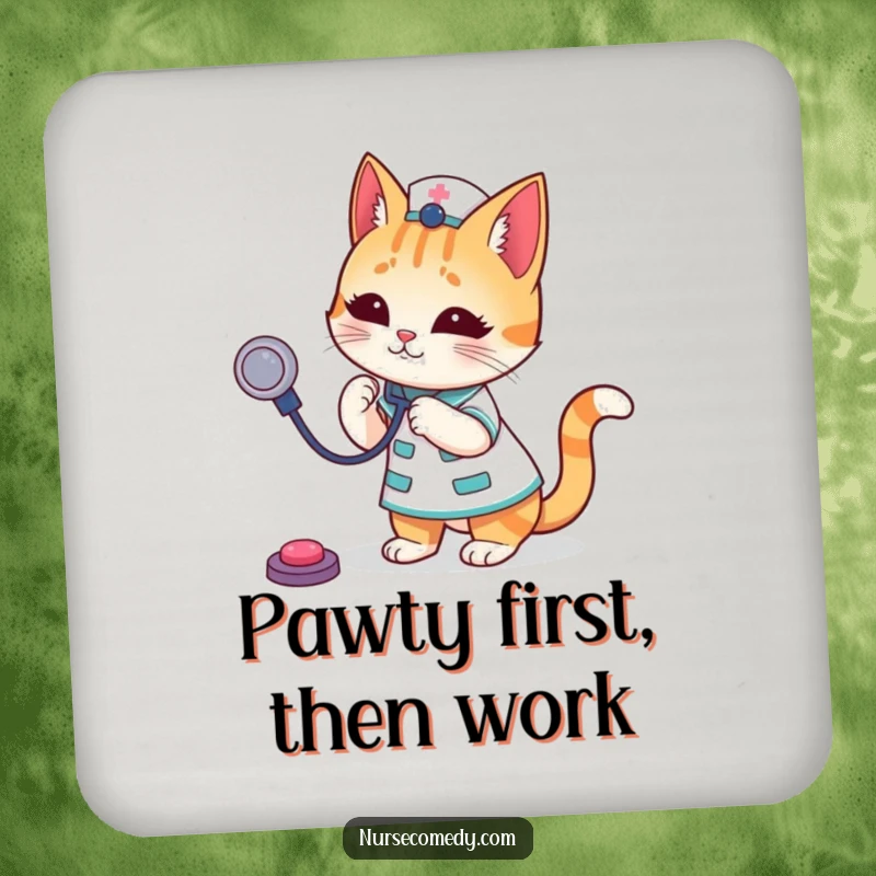 Funny Cat Nurse Drink Coaster featuring a playful cat character in nurse attire, guarding drinks with a stethoscope, adding humor to surfaces.