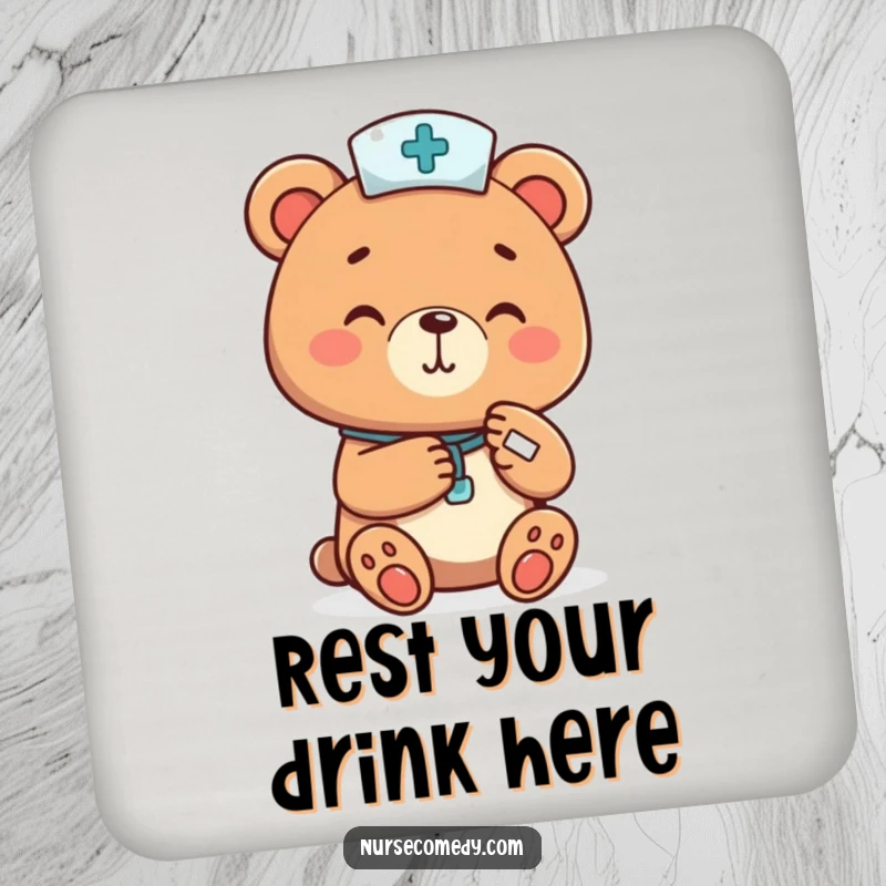 Funny bear nurse bandaging a tiny paw on a drink coaster, adding a humorous and caring touch to beverage service, a nice funny gift.