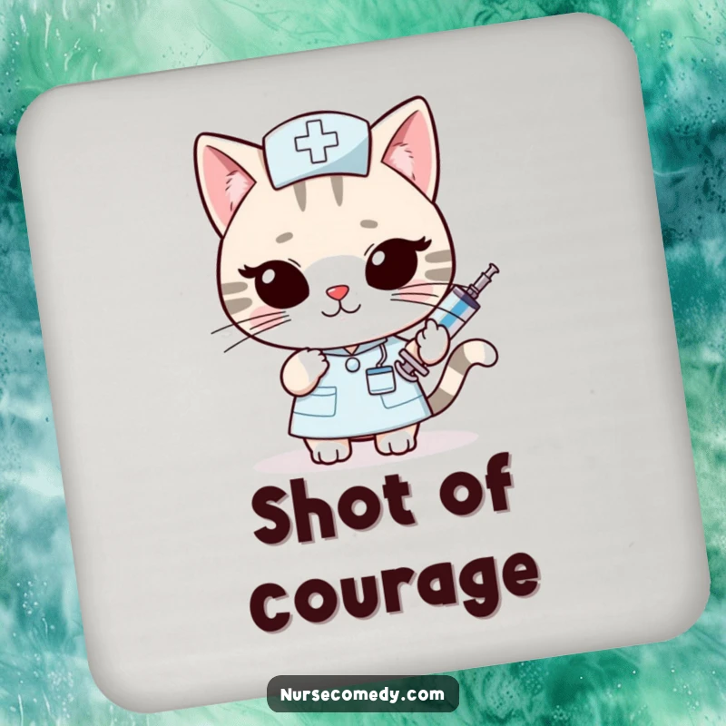 Funny Kawaii Cat Nurse Coaster: Slyly offering an oversized syringe with a wink, a cute and funny way to protect surfaces. Great funny gift.