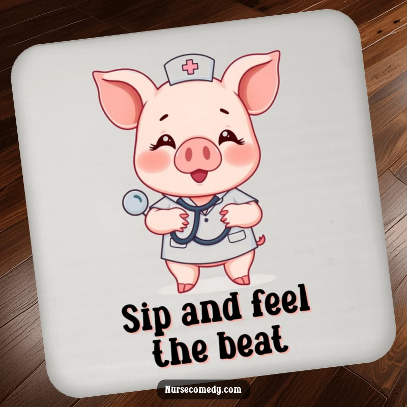 Funny piglet nurse character humorously tapping a stethoscope on a chest on a coaster.