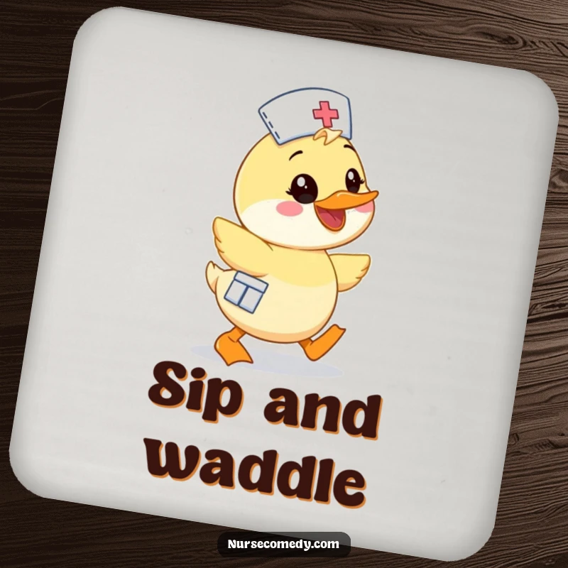 Funny Kawaii Duck Nurse Coaster, cute cartoon character waddling enthusiastically with a smile, protects surfaces with charm and cheer.
