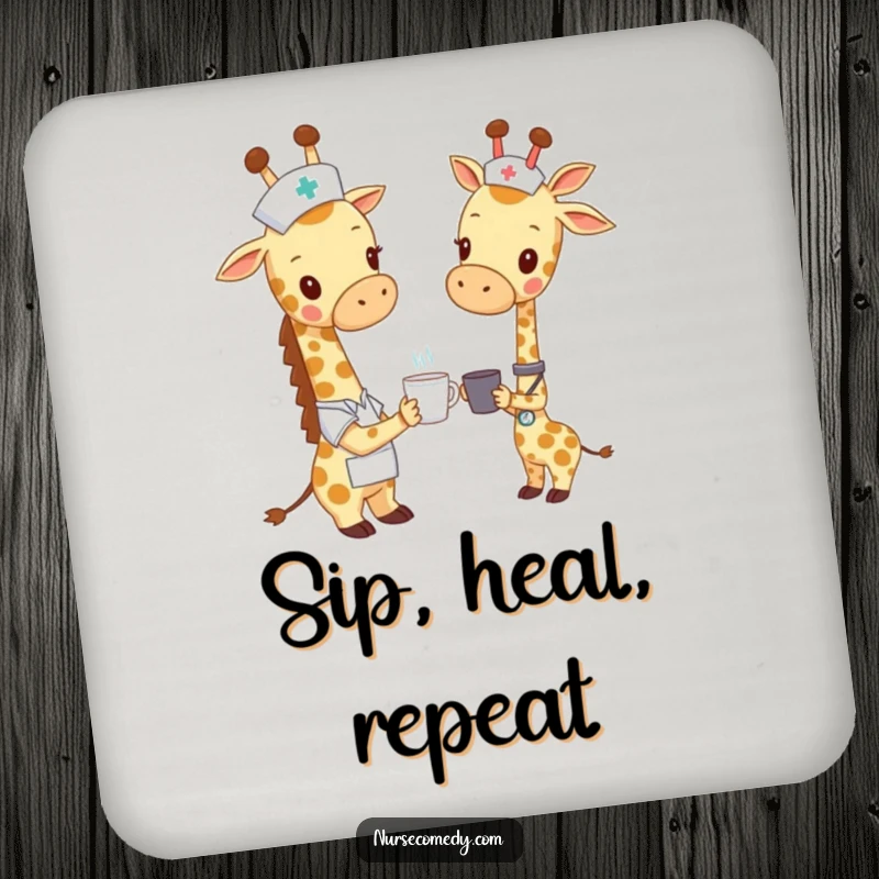 Funny giraffe nurse drink coaster, a giraffe in nursing attire offering a tiny cup, protecting surfaces with adorable and gentle humor.