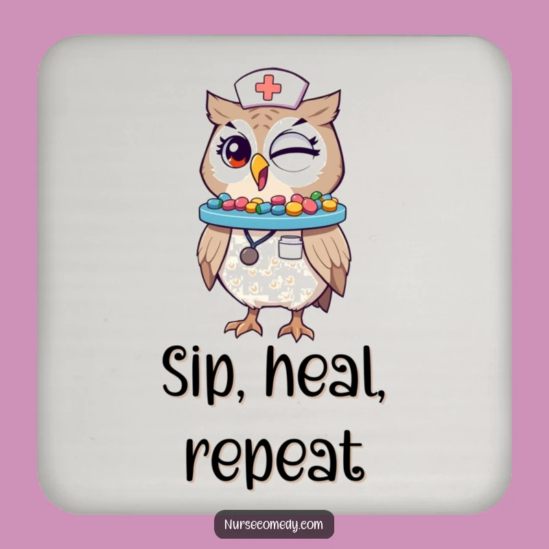 Funny Winking Owl Nurse Coaster Set: Protect Surfaces with Laughter, A Great Gift