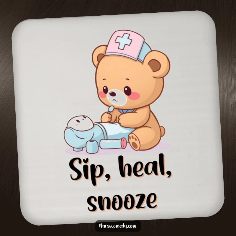 Funny bear cub nurse humorously checking a toy patient on a drink coaster, offering cute protection.