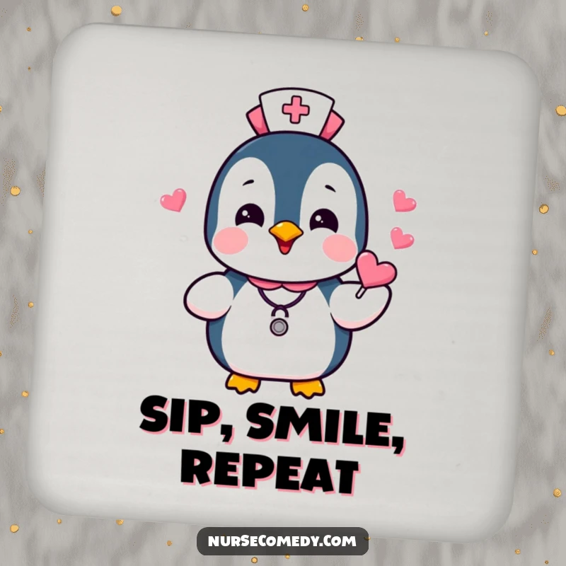 Funny Penguin Nurse Drink Coaster featuring a gleeful penguin in nurse uniform, offering heart candies, adding a sweet and humorous touch to any table.