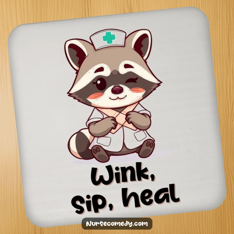 Funny raccoon nurse character expertly tying a bandage with a wink on a drink coaster, a witty and practical item.