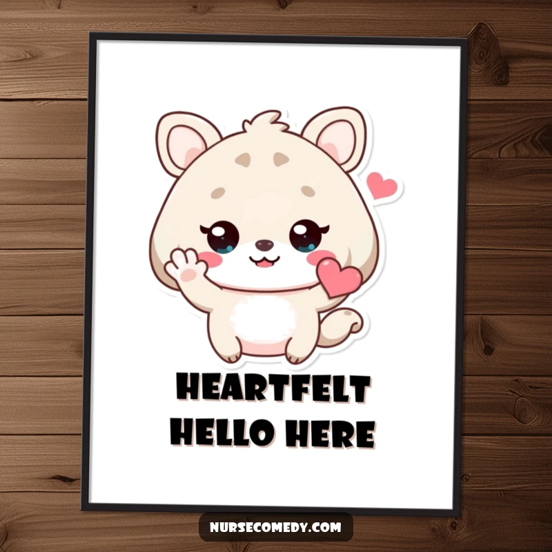 Funny Kawaii Animal Poster showing a cute character extending a friendly wave with a heart, perfect for cheerful wall art.