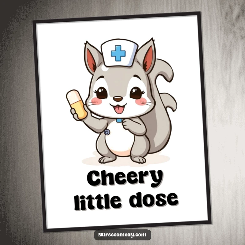 Funny Squirrel Nurse Poster print of a cheerful squirrel offering a pill, a charming medical art funny gift.
