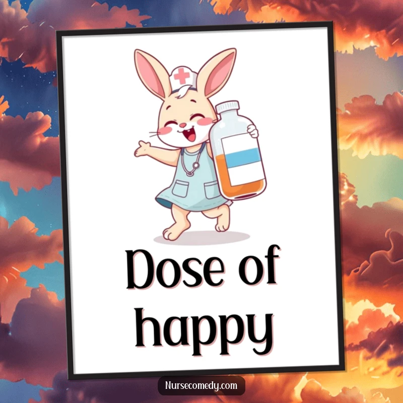 Funny bunny nurse poster, a jumping character humorously giggling with a large medicine bottle, great wall decor, funny gift.