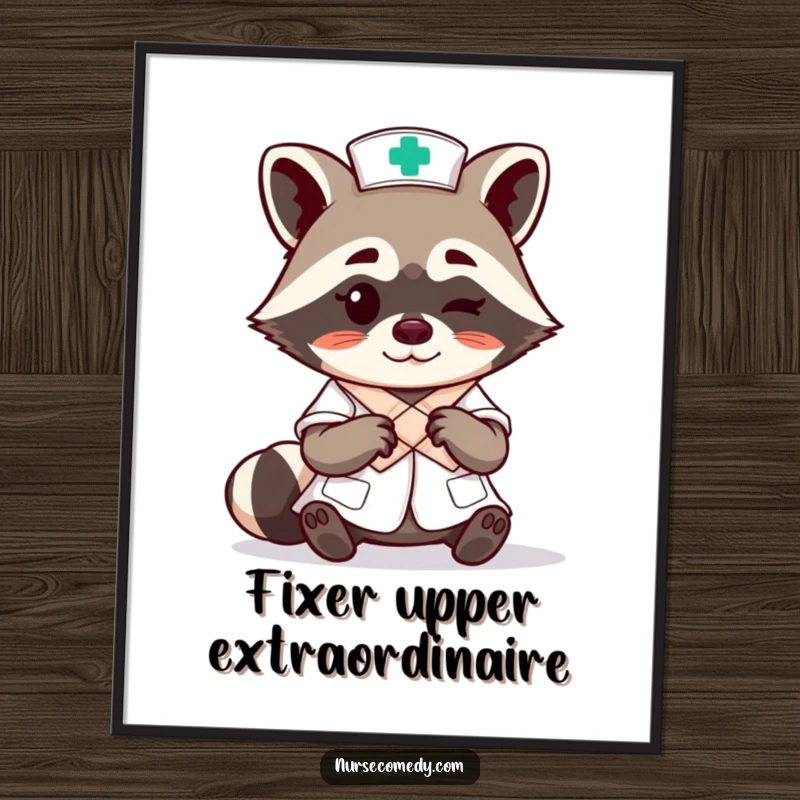 Funny raccoon nurse character expertly tying a bandage with a wink, displayed as skilled wall art for a humorous touch.