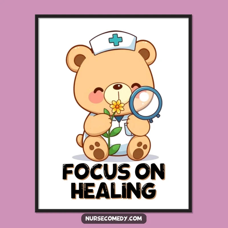 Funny Kawaii Bear Nurse Flower Poster: Adorable Art for a Cheerful Space