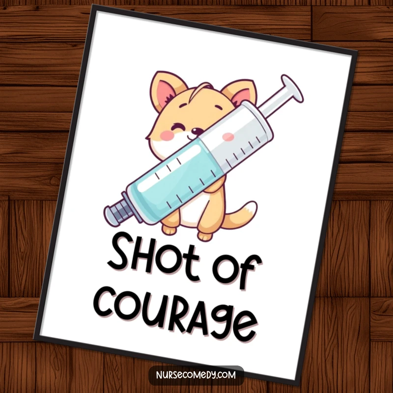 Funny animal character peeking from behind a giant syringe, vibrant poster, humorous wall decor.