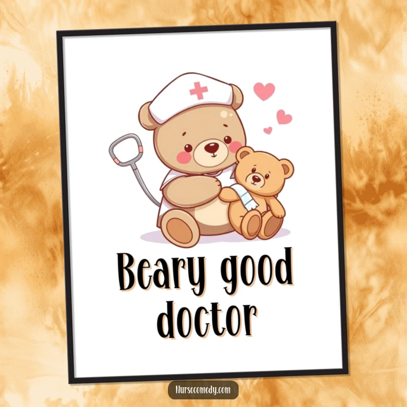 Funny bear nurse poster showing a bear happily bandaging a teddy bear's limb, a humorous and heartwarming piece of art.
