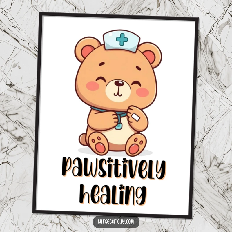 A gentle bear nurse cheerfully bandaging a tiny paw, creating a humorous poster to add warmth and a funny gift.