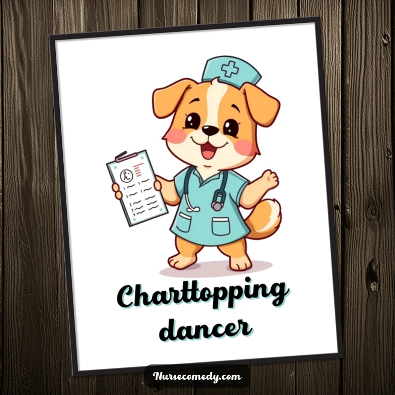 Funny dog nurse poster showcasing a happy dog in scrubs doing a little dance with a medical chart, perfect for uplifting decor.