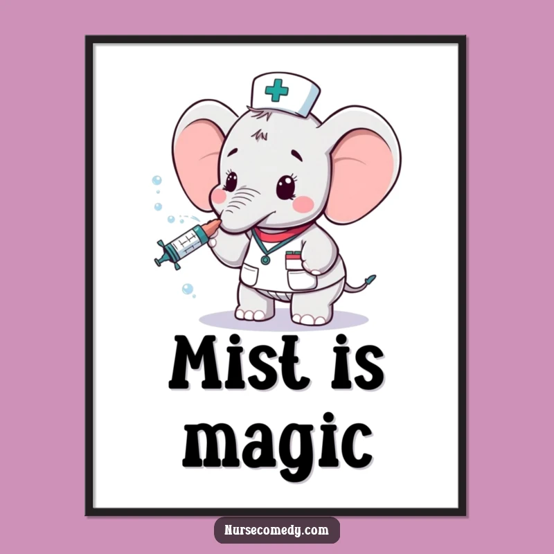 Funny Elephant Nurse Poster: Whimsical Cartoon Art, Delightful Wall Decor Gift