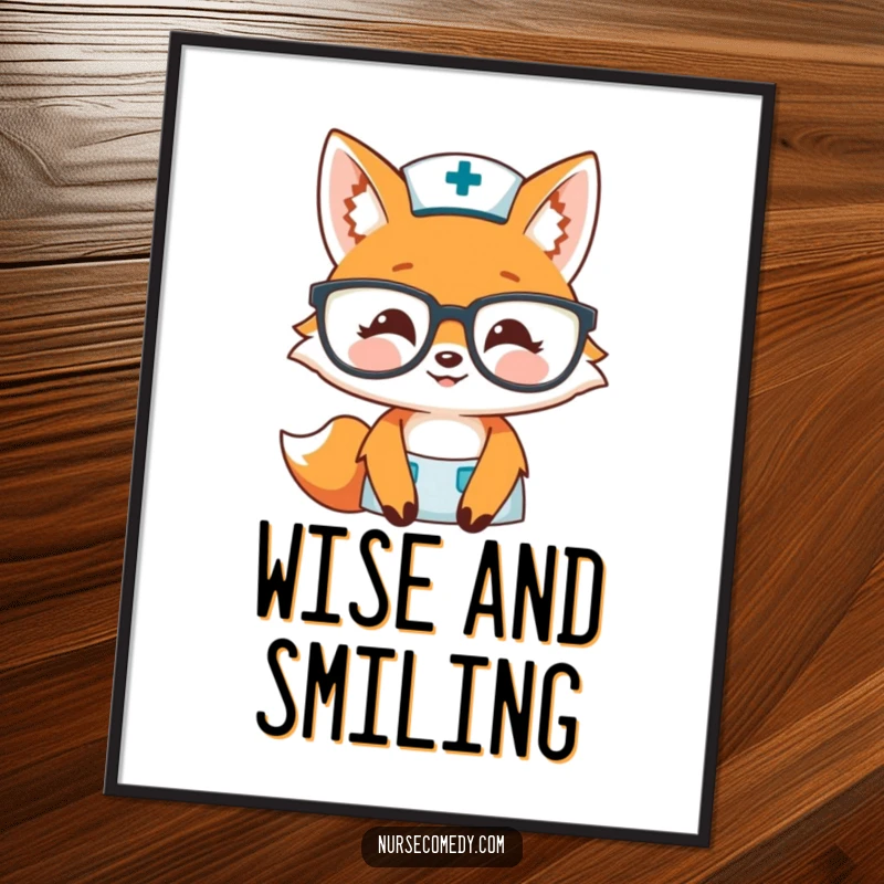 Funny fox nurse poster featuring a smiling fox peeking over large glasses, bringing warmth and humor to wall decor.