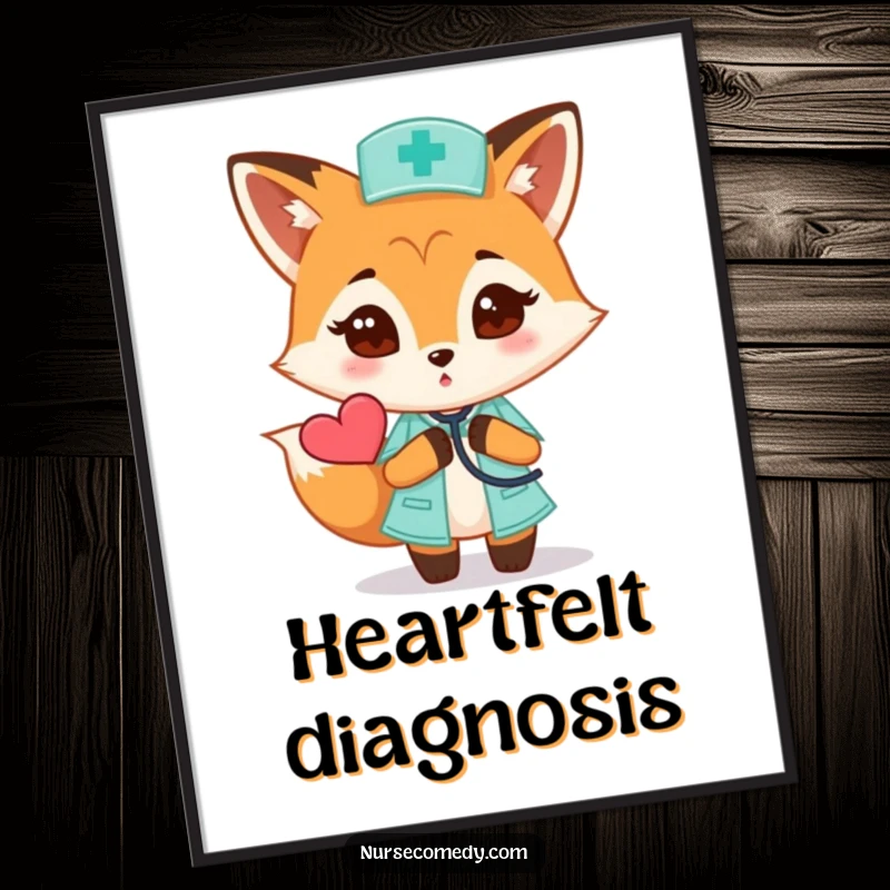 Funny Fox Nurse Poster print of a curious fox using a stethoscope on a heart, a whimsical medical art gift.