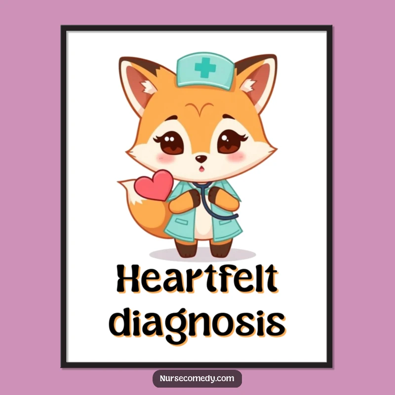 Funny Fox Nurse Poster: Curious Heartbeat Art, Whimsical Doctor Decor Gift