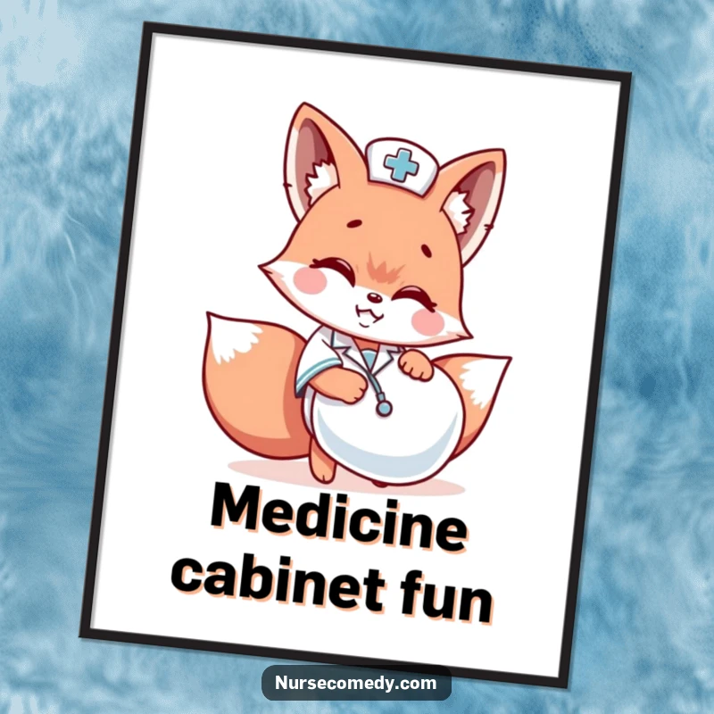 Funny Kawaii fox nurse peeking from behind a giant pill capsule as a poster print, playful art.