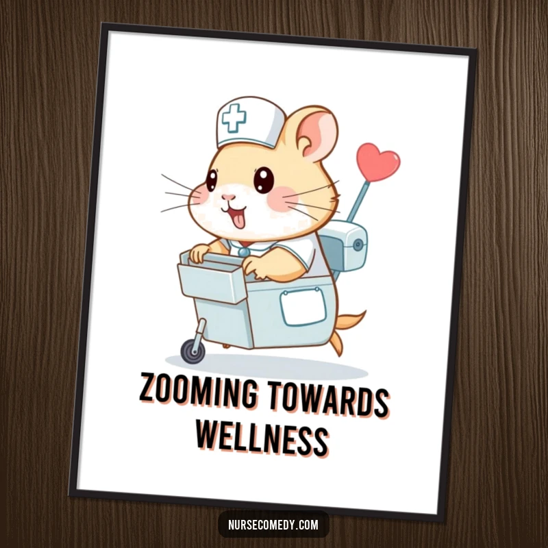 Funny hamster nurse poster, a small hamster in nursing attire rapidly moving with a medicine cart, bringing a humorous and dynamic visual to any space.