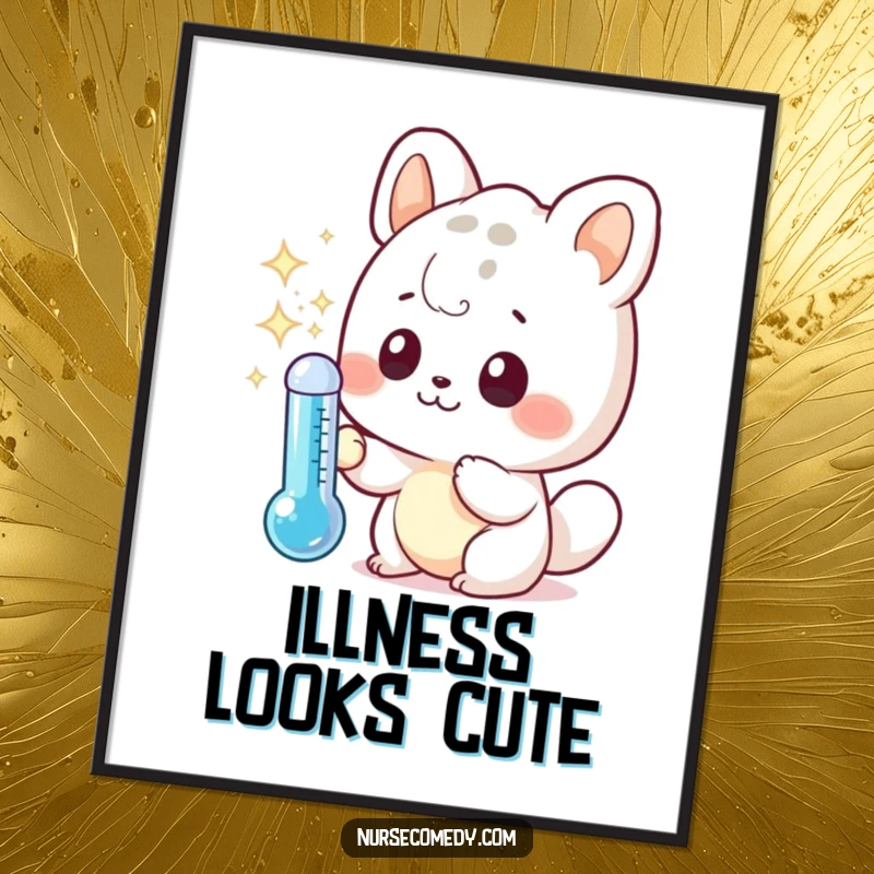 Funny poster showing a curious kawaii animal character investigating a sparkling thermometer, adding humor and charm to any space.