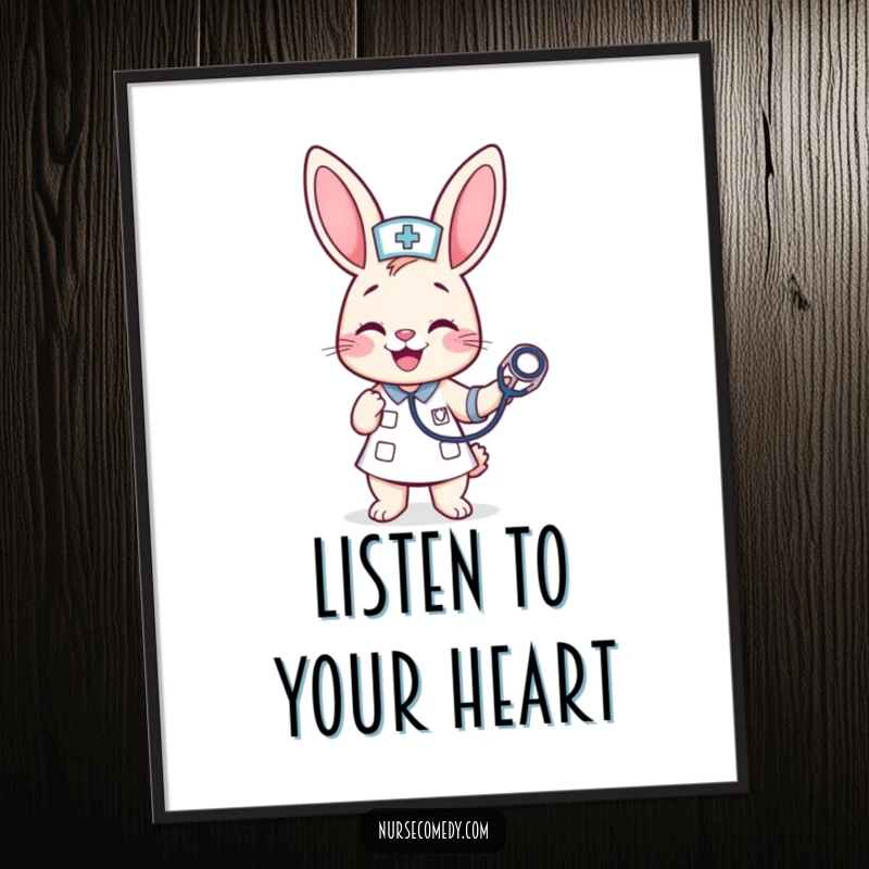 Funny Kawaii Bunny Nurse Poster: A cheerful bunny nurse merrily bounces a stethoscope, creating a vibrant and humorous piece of medical art.