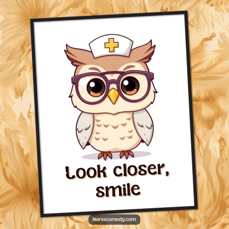 Funny Kawaii Owl Nurse Poster: An illustration of a cute, bespectacled owl in nurse attire smiling knowingly, bringing wisdom and warmth to wall decor.