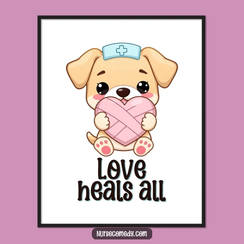 Funny Kawaii Puppy Nurse Heart Poster: Heartwarming Art for a Cheerful Home