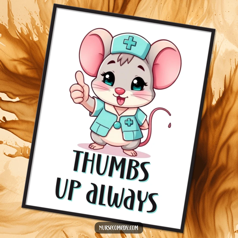 Funny mouse nurse poster art, a cheerful character giving an enthusiastic thumbs up, great for wall decor.