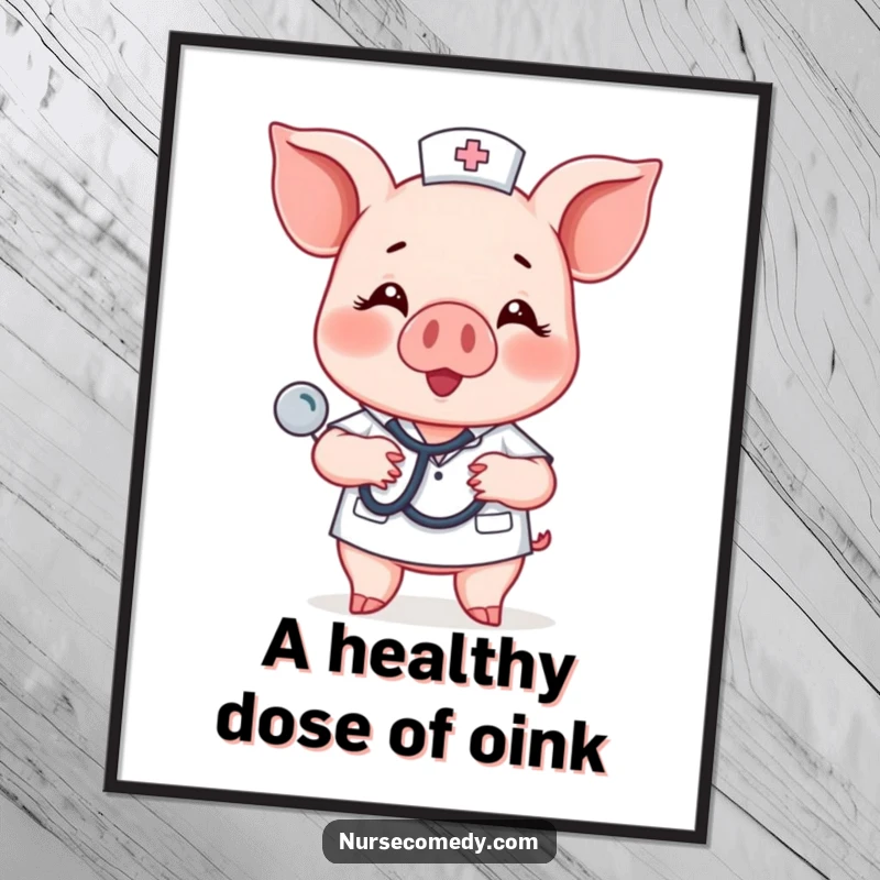 Funny piglet nurse character happily checking a heartbeat with a stethoscope, ideal for humorous wall decor.