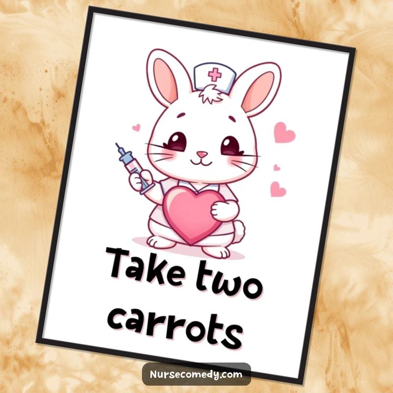 Funny rabbit nurse poster showing a cute winking bunny holding a syringe and heart, a humorous and heartwarming piece of art.